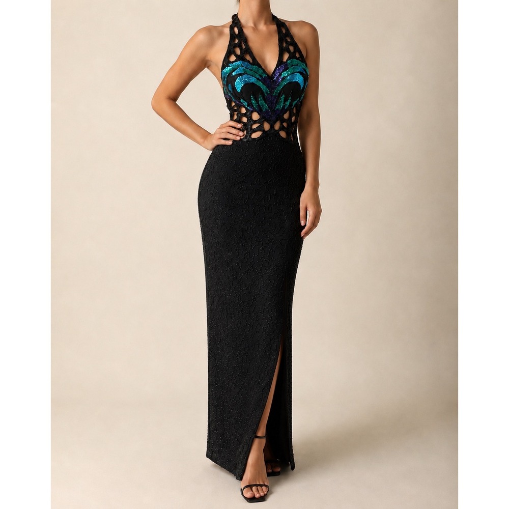 Sho Max Gown Womens Small Black Silk Excellent Sequin Beaded Halter Cutout Maxi
